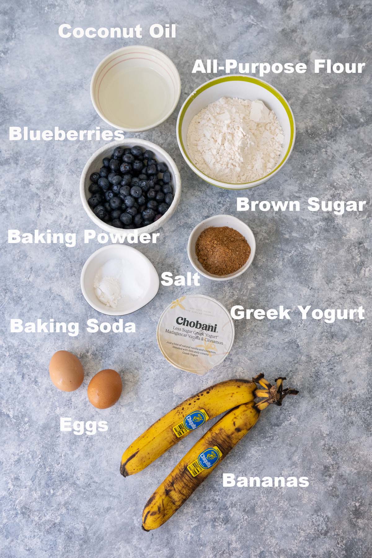 Blueberry banana bread ingredients.